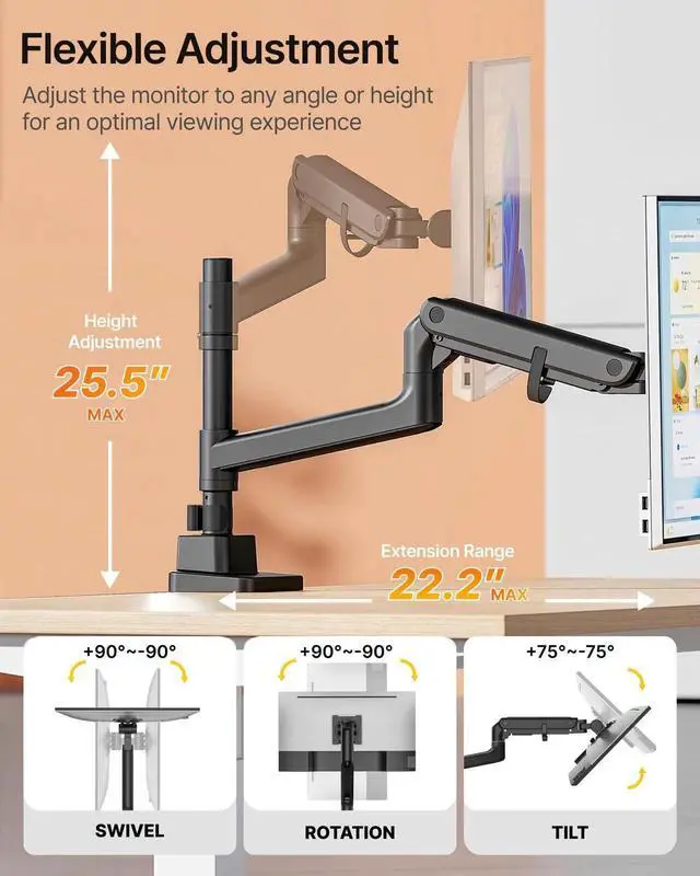 Alt view image 4 of 5 - monTEK Heavy-Duty Single Monitor Arm for 17-57 inch, up to 59.4lbs Ultrawide Screens,Gas Spring Dual Curved Adjustable Monitor Stand for Desk,75/100mm VESA Mount with USBBlack
