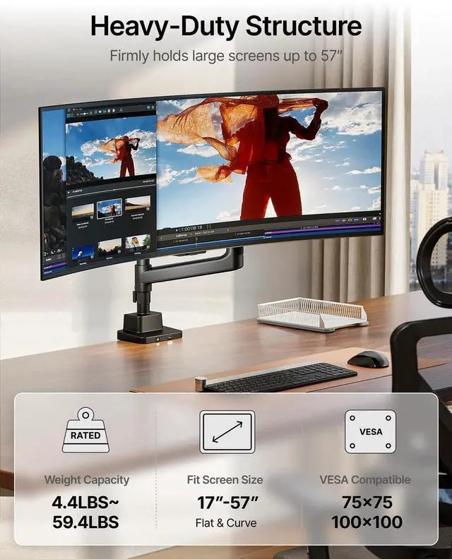 Alt view image 5 of 5 - monTEK Heavy-Duty Single Monitor Arm for 17-57 inch, up to 59.4lbs Ultrawide Screens,Gas Spring Dual Curved Adjustable Monitor Stand for Desk,75/100mm VESA Mount with USBBlack
