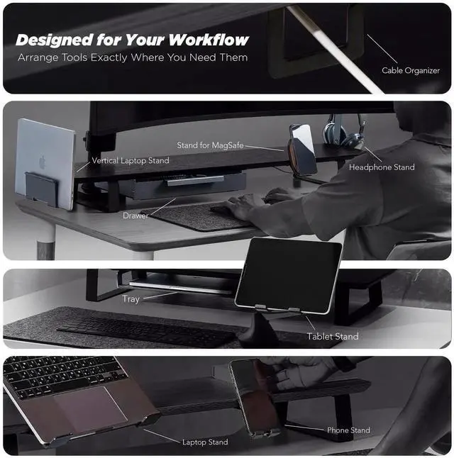 Alt view image 3 of 5 - ULTRARM Moodular Wooden Monitor Stand 45.6 (116cm) Large Desk Organizer with Metal Slide Rails for Drawer, Tray, Laptop, Tablet, Phone & Headphones Customizable Riser for Organized Workspace Black