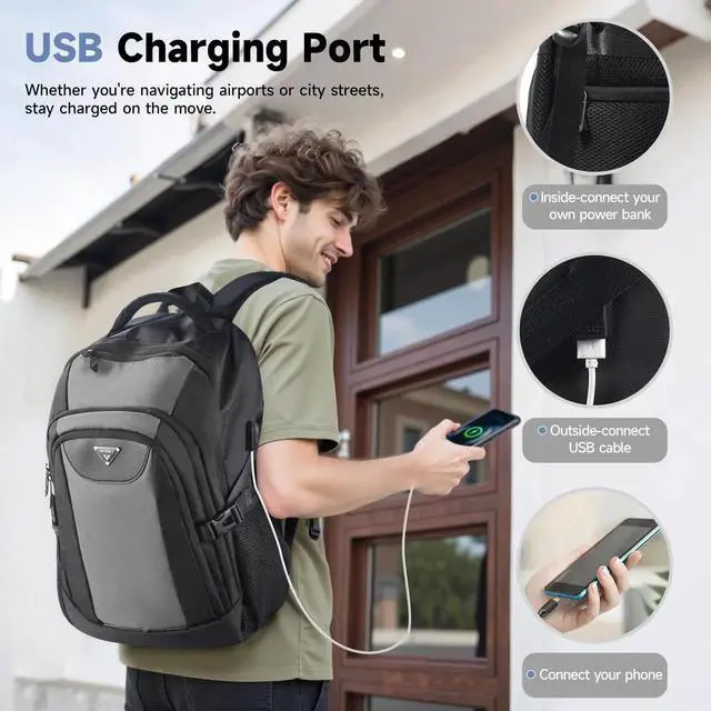 Alt view image 2 of 5 - Laptop Travel Backpack with USB Charging Port, Anti-Theft Travel Business Backpack Fits 17 Inch Notebook, 30L Water-Resistant Work Computer Backpack, College School Bookbag for Men Women, Grey/Black