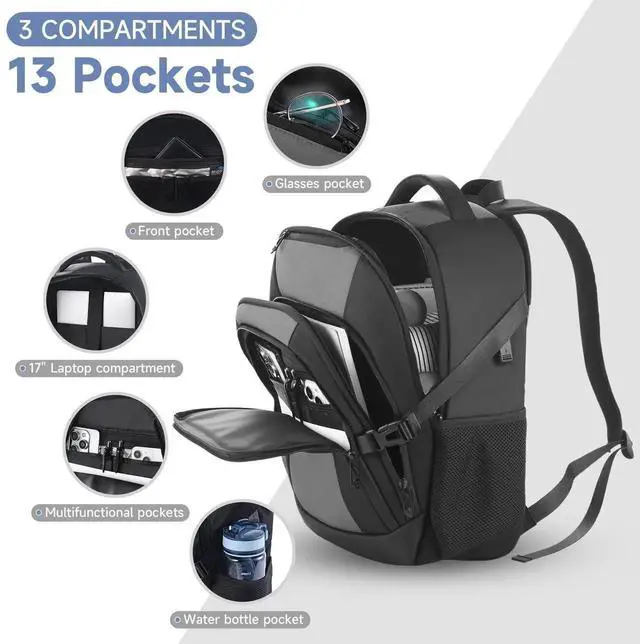 Alt view image 5 of 5 - Laptop Travel Backpack with USB Charging Port, Anti-Theft Travel Business Backpack Fits 17 Inch Notebook, 30L Water-Resistant Work Computer Backpack, College School Bookbag for Men Women, Grey/Black