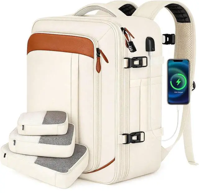 Main image of Vancropak Travel Backpack for Women, Airline Approved Carry On Backpack with 3 Packing Cubes, Expandable Large 40L Travel Bag fits 17" Laptop, Anti Theft Luggage Suitcase Weekend Daypack, White Brown
