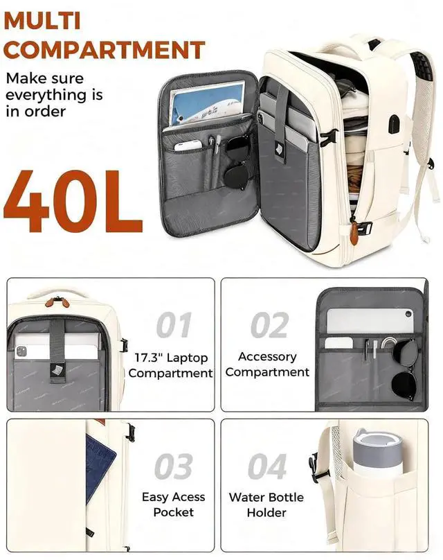 Alt view image 5 of 5 - Vancropak Travel Backpack for Women, Airline Approved Carry On Backpack with 3 Packing Cubes, Expandable Large 40L Travel Bag fits 17" Laptop, Anti Theft Luggage Suitcase Weekend Daypack, White Brown