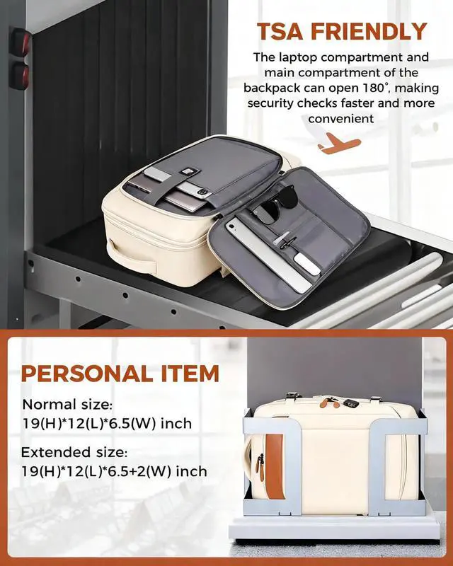 Alt view image 4 of 5 - Vancropak Travel Backpack for Women, Airline Approved Carry On Backpack with 3 Packing Cubes, Expandable Large 40L Travel Bag fits 17" Laptop, Anti Theft Luggage Suitcase Weekend Daypack, White Brown