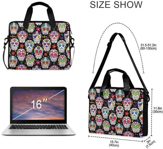 Alt view image 4 of 5 - Sugar Skull Laptop Bag Case 13 14 15.6 inch Laptop Messenger Bag Crossbody Briefcase for Men Women with Shoulder Strap Handle