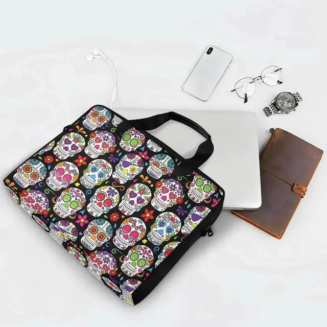 Alt view image 3 of 5 - Sugar Skull Laptop Bag Case 13 14 15.6 inch Laptop Messenger Bag Crossbody Briefcase for Men Women with Shoulder Strap Handle