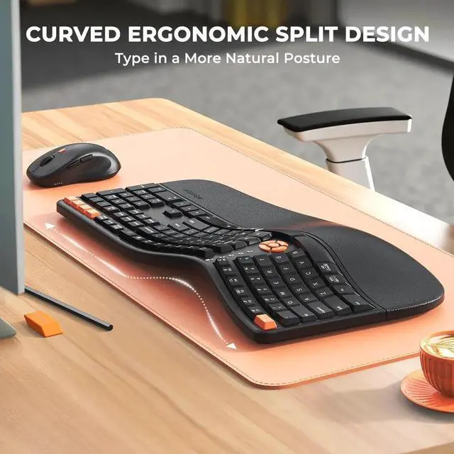 Alt view image 5 of 5 - MEETION Ergonomic Keyboard and Mouse, 2.4G Wireless/Bluetooth Split Keyboard with Cushioned Palm Rest, 4 DPI Adjustable Mouse, Full Size Multi-Device Keyboard for Windows/Mac/PC/Laptop, Black