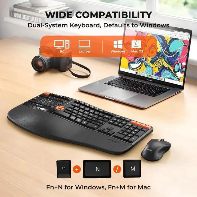 Alt view image 4 of 5 - MEETION Ergonomic Keyboard and Mouse, 2.4G Wireless/Bluetooth Split Keyboard with Cushioned Palm Rest, 4 DPI Adjustable Mouse, Full Size Multi-Device Keyboard for Windows/Mac/PC/Laptop, Black