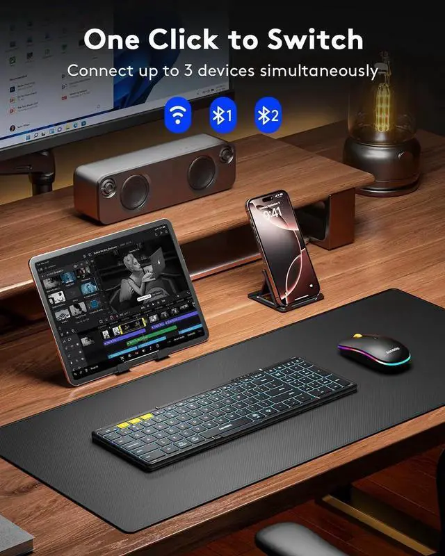 Alt view image 4 of 5 - Samsers Foldable Keyboard and Mouse, Folding Bluetooth Keyboard Mouse Combo with Backlight, 2.4G + BT5.0 x 2, Full-Size Travel Keyboard & Portable Wireless Mouse for Windows/Android/iOS/Mac OS, Black