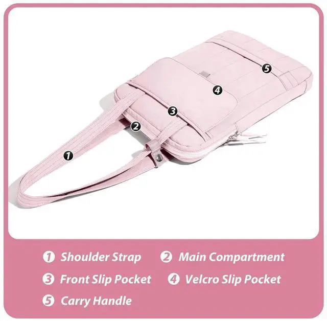 Alt view image 2 of 5 - Linpr 15.6 Inch Laptop Shoulder Bag, Vertical Puffy Laptop Sleeve for MacBook Pro/Air M4/M3/M2/M1 (2024-2019), iPad Pro/Air/Mini, Quilted Puffer Handle Carrying Case with Luggage Strap (Pink)