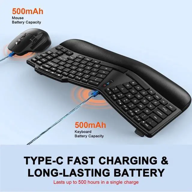 Alt view image 3 of 5 - Ergonomic Wireless Keyboard Mouse, Wave Key Bluetooth/2.4G Split Design Ergo Keyboard Mouse Combo with Cushioned Palm Rest, Multi-Device, Rechargeable, for Multi-OS, Windows/Mac/Android