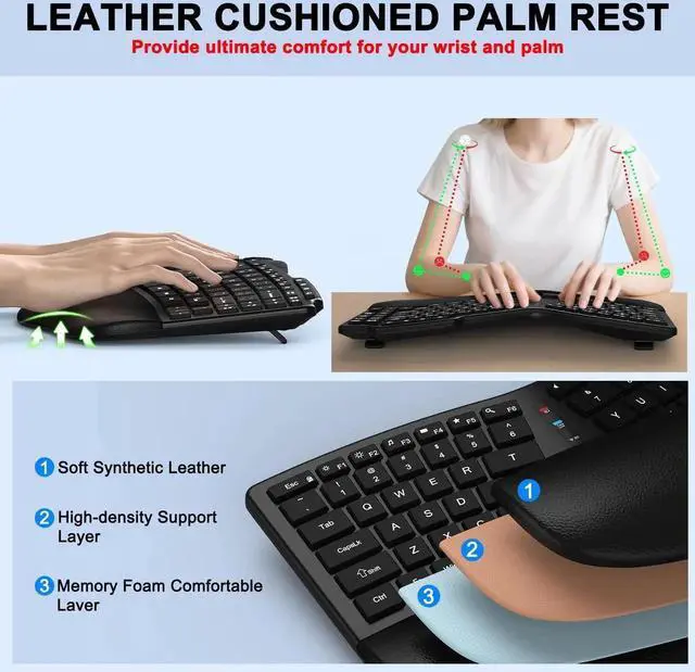 Alt view image 4 of 5 - Ergonomic Wireless Keyboard Mouse, Wave Key Bluetooth/2.4G Split Design Ergo Keyboard Mouse Combo with Cushioned Palm Rest, Multi-Device, Rechargeable, for Multi-OS, Windows/Mac/Android