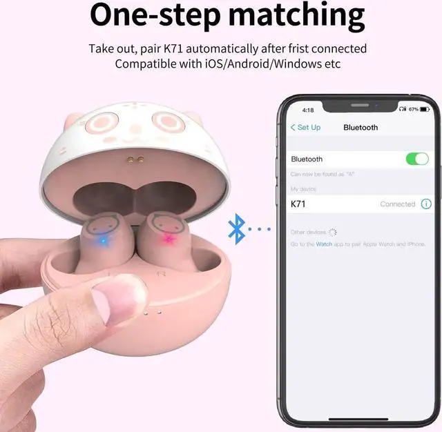 Alt view image 3 of 5 - AMAFACE Pink Bluetooth Earbuds,Cute Cat Wireless Headphones for Girls Kids Women 36H Play Time IPX6 Waterproof Ear budsLED Display HiFi 3D Stereo Earphones for Sport Workout Travel