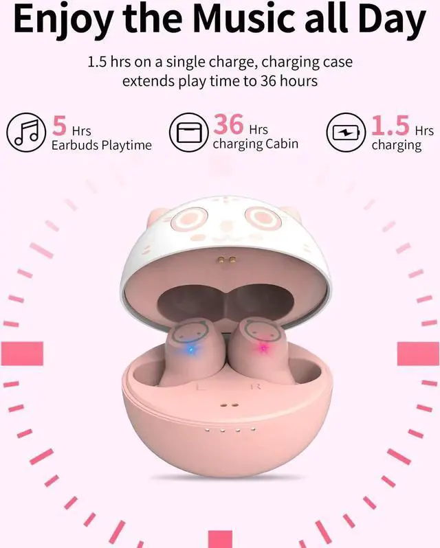 Alt view image 5 of 5 - AMAFACE Pink Bluetooth Earbuds,Cute Cat Wireless Headphones for Girls Kids Women 36H Play Time IPX6 Waterproof Ear budsLED Display HiFi 3D Stereo Earphones for Sport Workout Travel