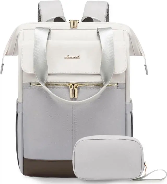 Main image of LOVEVOOK Laptop Backpack for Women, 15.6 Inch Work Laptop Bag with USB Port, Fashion Teacher Nurse Backpack Purse, Waterproof Travel Computer Backpack with Organizer Bag, 2PCS, Beige-Light Grey