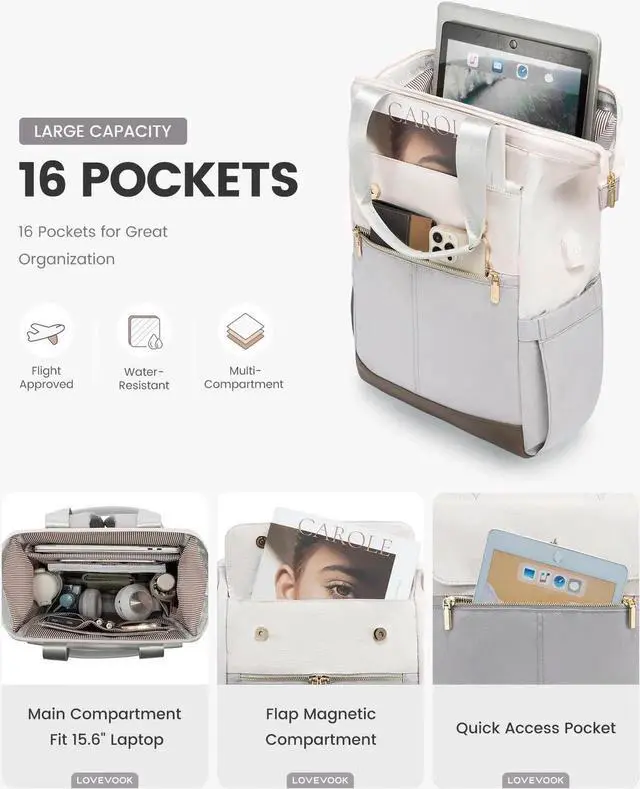 Alt view image 5 of 5 - LOVEVOOK Laptop Backpack for Women, 15.6 Inch Work Laptop Bag with USB Port, Fashion Teacher Nurse Backpack Purse, Waterproof Travel Computer Backpack with Organizer Bag, 2PCS, Beige-Light Grey