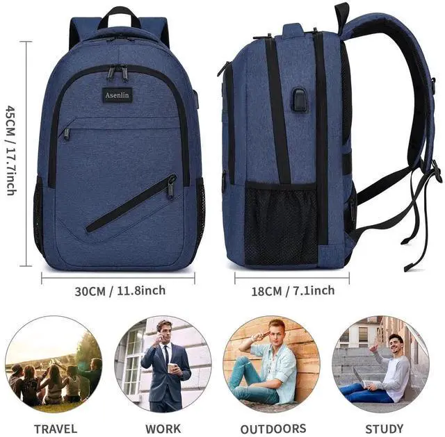 Alt view image 2 of 5 - Asenlin Travel Laptop Backpack for Women & Men,Water Resistant Business Slim Sturdy Laptops Backpack with USB Charging Port,Fits 17.3 Inch Notebook College School Computer Bag-Blue