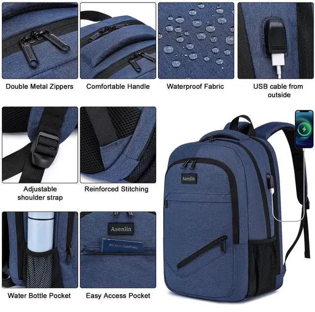 Alt view image 3 of 5 - Asenlin Travel Laptop Backpack for Women & Men,Water Resistant Business Slim Sturdy Laptops Backpack with USB Charging Port,Fits 17.3 Inch Notebook College School Computer Bag-Blue