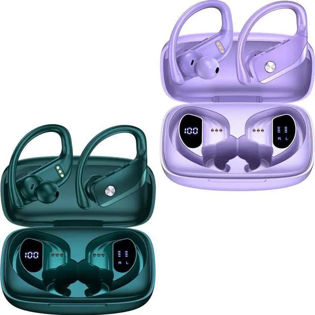 Main image of bmani 2 Sets Wireless Earbuds Bluetooth Headphones 48hrs Play Back Sport Earphones with LED Display Over-Ear Buds with Earhooks Built-in Mic Headset for Workout Green+Purple