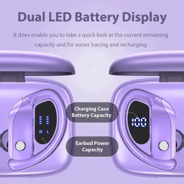 Alt view image 2 of 5 - bmani 2 Sets Wireless Earbuds Bluetooth Headphones 48hrs Play Back Sport Earphones with LED Display Over-Ear Buds with Earhooks Built-in Mic Headset for Workout Green+Purple