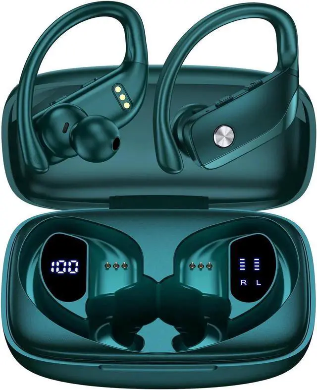 Alt view image 3 of 5 - bmani 2 Sets Wireless Earbuds Bluetooth Headphones 48hrs Play Back Sport Earphones with LED Display Over-Ear Buds with Earhooks Built-in Mic Headset for Workout Green+Purple