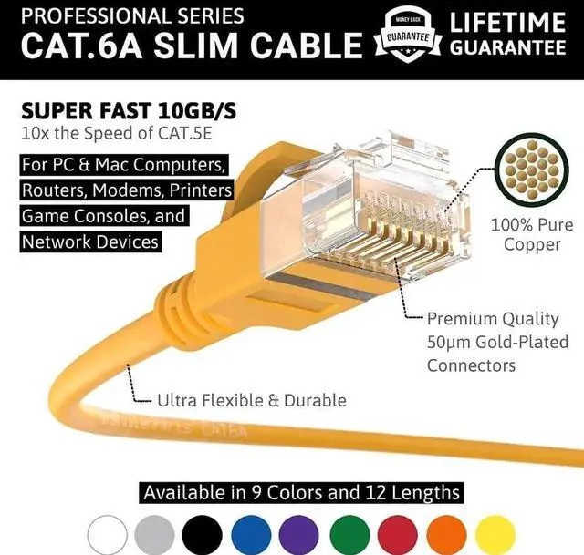 Alt view image 4 of 5 - InstallerParts Ethernet Cable CAT6A Slim Cable UTP Booted 10 FT (10 Pack) - Yellow - Professional Series - 10Gigabit/Sec Network/High Speed Internet Cable, 550MHZ, 28AWG