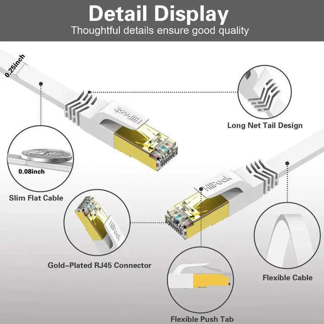 Alt view image 4 of 5 - HiiPeak Cat 8 Ethernet Cable 100ft - Cat8 Flat Internet Cable High Speed LAN Patch Network Cables with RJ45 Gold Plated Connector, Compatible with Cat5/Cat6/Cat7, White 100 ft