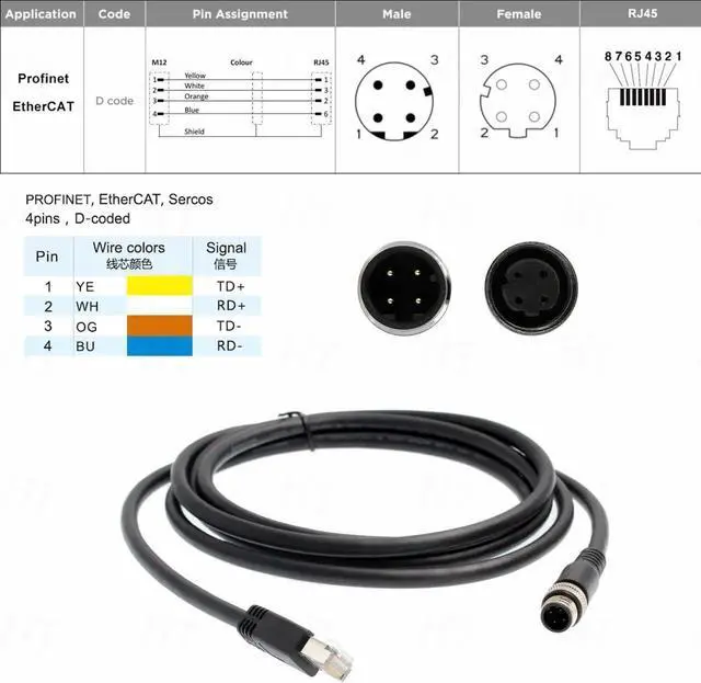 Alt view image 4 of 5 - HangTon Sensor Ethernet Cable for Keyence SR2000 Barcode Reader Industrial Automation Fieldbus, M12 D-Code 4 Pin to RJ45 Cat6 Network 5M