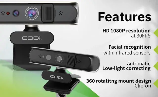 Alt view image 4 of 5 - CODi Allocco HD 1080P Windows Hello Webcam with IR Facial Recognition & Noise-Canceling Mic Autofocus, USB-A, Tripod Mount