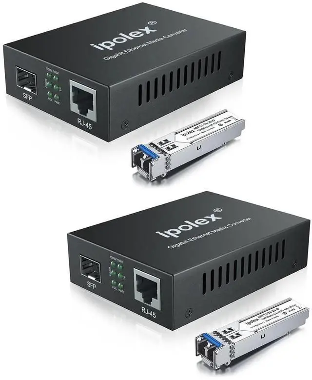 Main image of Ipolex Gigabit Single-Mode LC Fiber to Ethernet Media Converter (SFP LX Modules Included),1.25G Fiber Media Converter, 1000Base-LX to 10/100/1000Base-TX, 1310nm, SMF, Transmission up to 20KM, 2 Pack