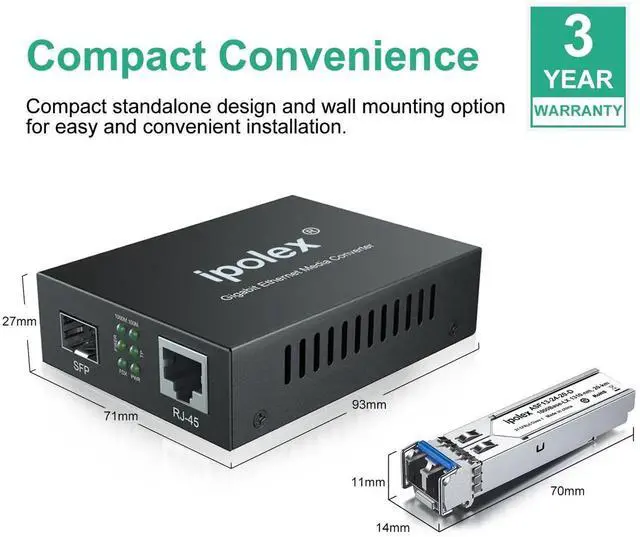 Alt view image 2 of 5 - Ipolex Gigabit Single-Mode LC Fiber to Ethernet Media Converter (SFP LX Modules Included),1.25G Fiber Media Converter, 1000Base-LX to 10/100/1000Base-TX, 1310nm, SMF, Transmission up to 20KM, 2 Pack