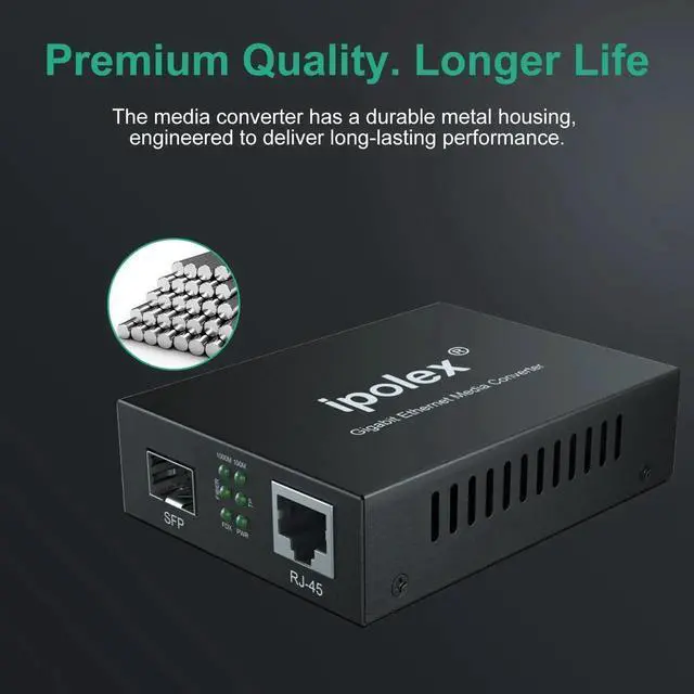 Alt view image 3 of 5 - Ipolex Gigabit Single-Mode LC Fiber to Ethernet Media Converter (SFP LX Modules Included),1.25G Fiber Media Converter, 1000Base-LX to 10/100/1000Base-TX, 1310nm, SMF, Transmission up to 20KM, 2 Pack