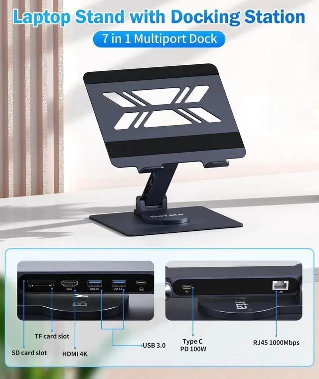 Alt view image 3 of 4 - BoYata USB-C Laptop Docking Stand, 9 in 1 Aluminum USB C Dock Tablet Stand with 4K HDMI, 3 USB 3.0, PD 100W, Portable Docking Station for MacBook Pro/Air/Dell/HP/Surface/Lenovo, Plug and Play