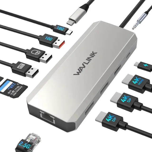 Main image of Docking Station Dual Monitor, WAVLINK Displayport Docking Station with Dual DP, HDMI, 100W PD in, 10Gbps USB A/C, 2.5G Ethernet Port for Dell/HP/Lenovo etc, Windows Systerm Computer Only