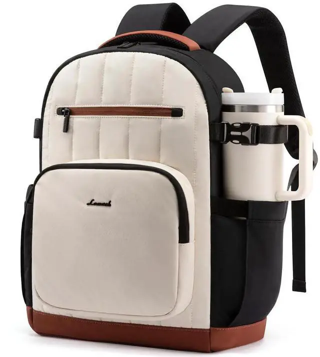 Main image of LOVEVOOK Laptop Backpack Women with Pouch Pocket for Large Capacity Cup,15.6 Inch Lightweight Puffer Computer Laptop Bag Travel Backpack Purse for Work College Teacher Personal Item,Black-White-Brown