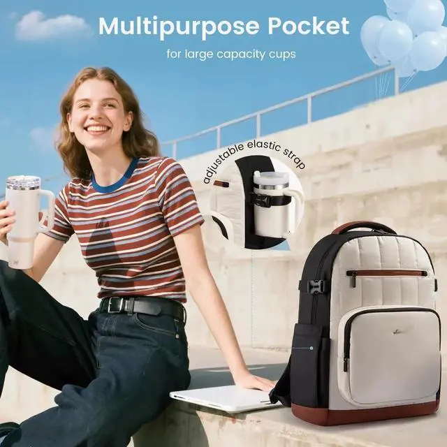 Alt view image 4 of 5 - LOVEVOOK Laptop Backpack Women with Pouch Pocket for Large Capacity Cup,15.6 Inch Lightweight Puffer Computer Laptop Bag Travel Backpack Purse for Work College Teacher Personal Item,Black-White-Brown