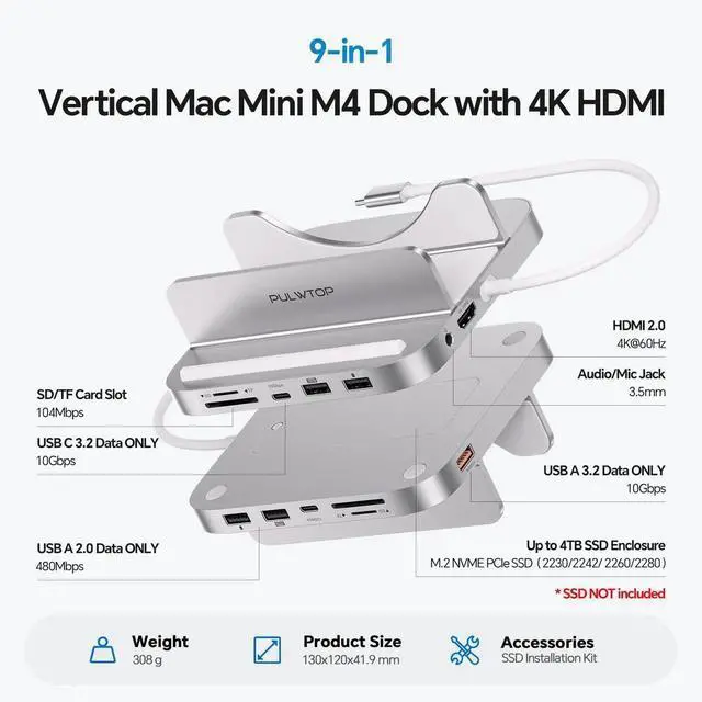 Alt view image 3 of 5 - PULWTOP 9 in 1 Mac mini M4 Dock with HDMI 4K & 4TB M.2 SSD Enclosure, Aluminum Vertical USB-C Hub Stand for Mac mini M4 Pro Hub, USB-A/C 10Gbps, 2xUSB-A 2.0, 3.5mm Audio, SD/TF (SSD NOT Included)