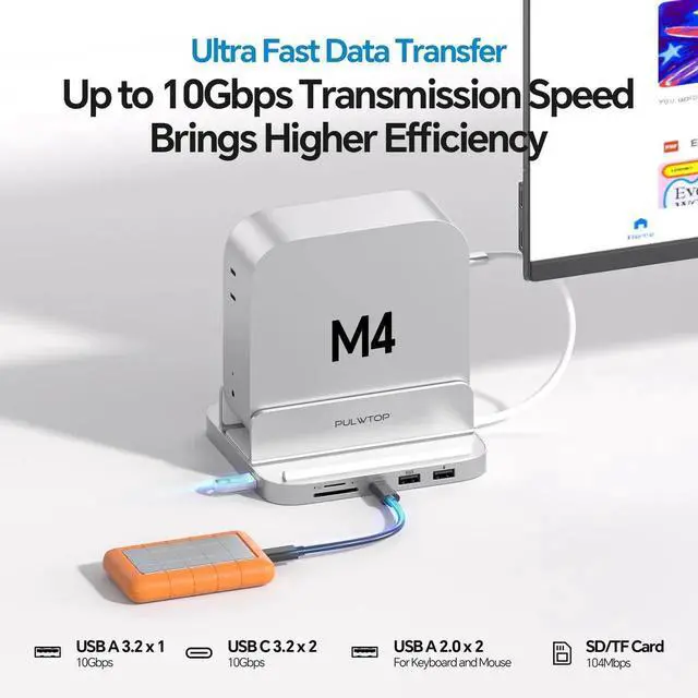Alt view image 5 of 5 - PULWTOP 9 in 1 Mac mini M4 Dock with HDMI 4K & 4TB M.2 SSD Enclosure, Aluminum Vertical USB-C Hub Stand for Mac mini M4 Pro Hub, USB-A/C 10Gbps, 2xUSB-A 2.0, 3.5mm Audio, SD/TF (SSD NOT Included)