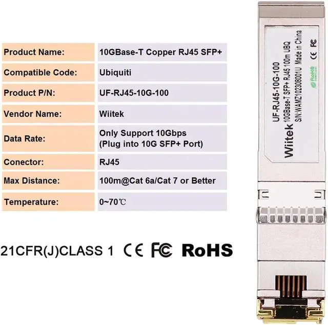 Alt view image 2 of 5 - Wiitek 100 Meters, 10Gb SFP+ to RJ45 Module, 2.5G/5G/10GBase-T Ethernet Copper Transceiver for Ubiquiti UF-RJ45-10G, Plugin 10Gb SFP+ Port, Low Power Consumption