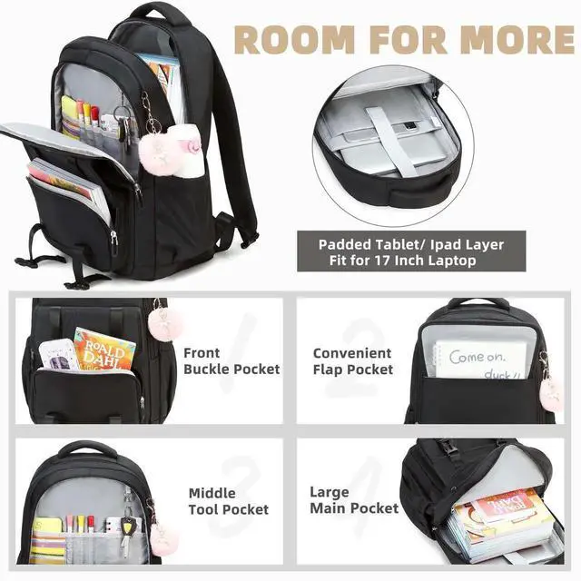 Alt view image 2 of 5 - AO ALI VICTORY Laptop Backpack 16 Inch Kids Elementary Middle High School Bag College Backpacks Women Work Business Back Pack Travel Rucksack Large Bookbag for Teens Girls Womens Students,Black