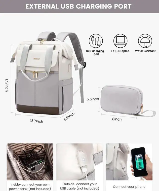 Alt view image 4 of 5 - LOVEVOOK Laptop Backpack for Women, 15.6 Inch Work Laptop Bag with USB Port, Fashion Teacher Nurse Backpack Purse, Waterproof Travel Computer Backpack with Organizer Bag, 2PCS, Beige-Light Grey