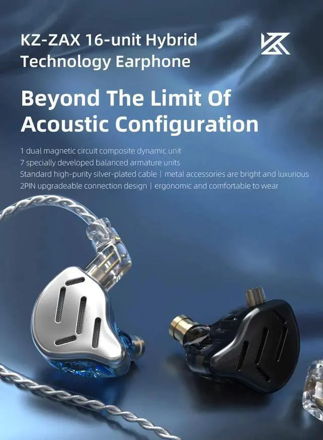 Alt view image 2 of 5 - KZ Zax in-Ear Monitors, 16-Units Hybrid in Ear Earphones, HiFi Stereo Noise Isolating Sport IEM Wired Earbuds/Headphones with Detachable Cable for Musician Audiophile (Without Mic, Silver)