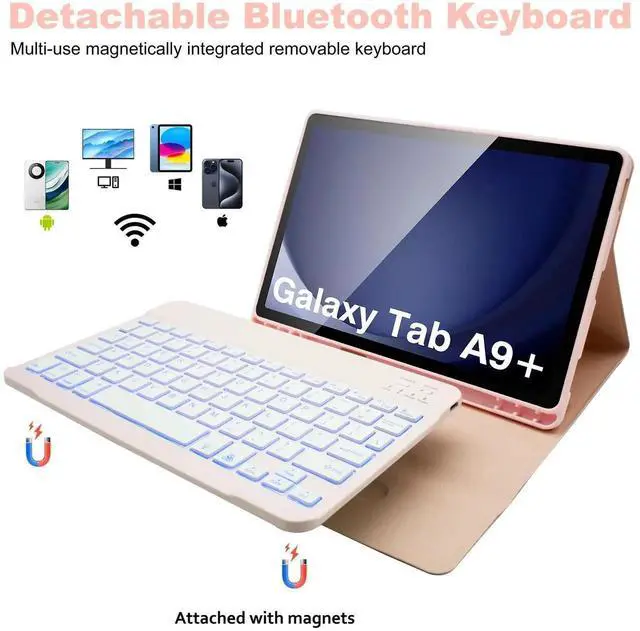 Alt view image 5 of 5 - Keyboard Case for Samsung Galaxy Tab A9 Plus 11 Inch - 7 Colors Backlit Wireless Detachable Folio Keyboard Cover with Pencil Holder, Bluetooth Mouse for Tablet A9+,Pink