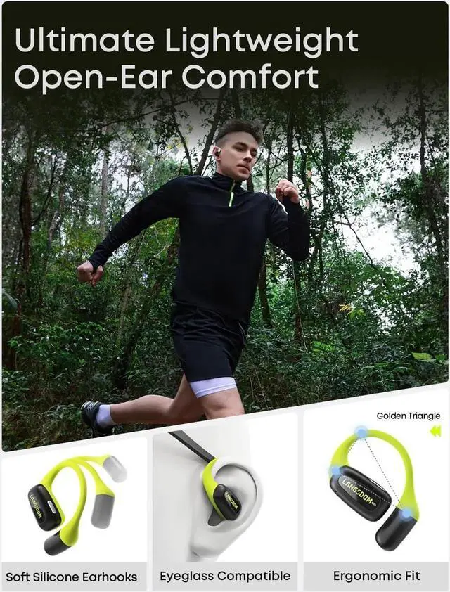Alt view image 3 of 5 - Langsdom Airfit Open Ear True Wireless Earbuds Bluetooth Headphones, Water Resistants, Ultra-Light, Premium Deep Bass with 24Hrs Play time, Ergonomic Design Secure fit for Worksout & Running, Green