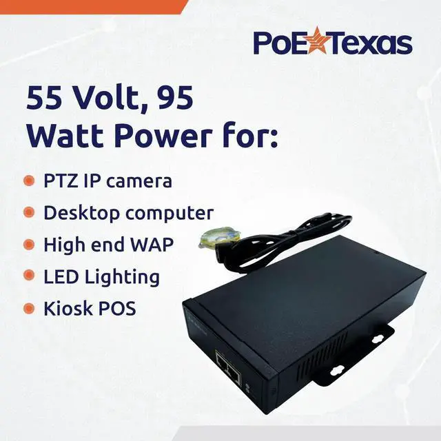 Alt view image 2 of 5 - Poe Texas PoE Injector - 802.3bt PoE++ Single Port Power Over Ethernet Injector - Active PoE Adapter with 55V 95W Output - 10/100/1000 Gigabit Data - Mode A/B Wall Mount Plug & Play