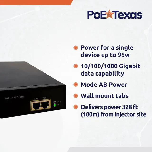 Alt view image 3 of 5 - Poe Texas PoE Injector - 802.3bt PoE++ Single Port Power Over Ethernet Injector - Active PoE Adapter with 55V 95W Output - 10/100/1000 Gigabit Data - Mode A/B Wall Mount Plug & Play