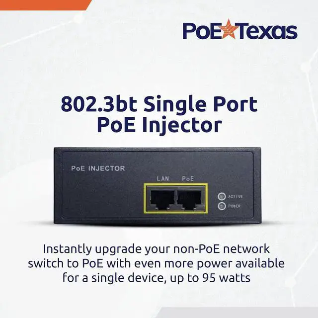 Alt view image 4 of 5 - Poe Texas PoE Injector - 802.3bt PoE++ Single Port Power Over Ethernet Injector - Active PoE Adapter with 55V 95W Output - 10/100/1000 Gigabit Data - Mode A/B Wall Mount Plug & Play