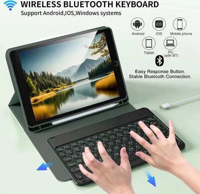 Alt view image 5 of 5 - Aoub Keyboard Case for iPad 9th/8th/7th Generation 10.2 inch, 7 Colors Backlit, Stand Folio Detachable Wireless Bluetooth Keyboard Cover Soft TPU Back Case for iPad 10.2 2021/2020/2019 - Dark Green