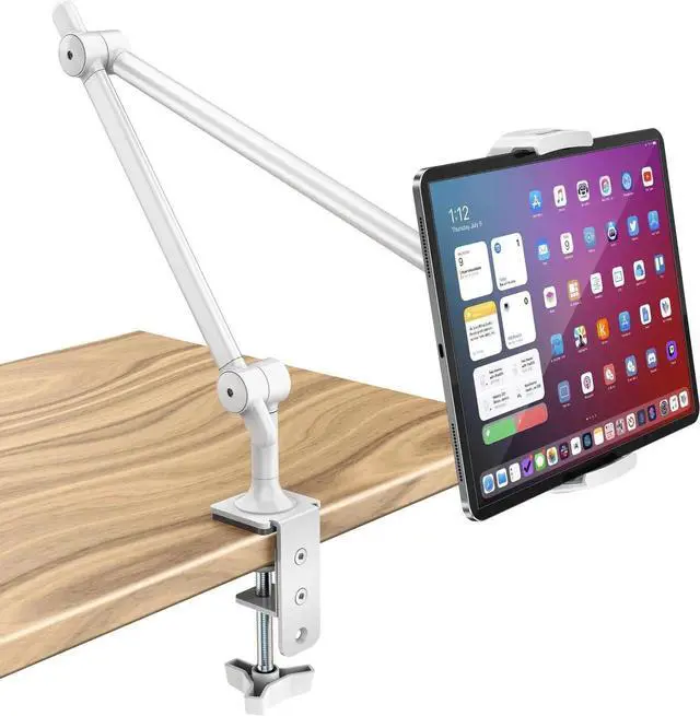 Main image of AboveTEK Tablet Stand Holder, Aluminum iPad Holder for Desk & Bed, Adjustable iPad Arm Clamp Mount with 360° Rotation, Overhead Compatible with 4.7"-13.5" iPads Pro/Air/Mini, iPhone, Galaxy Tab- White