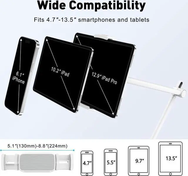 Alt view image 4 of 5 - AboveTEK Tablet Stand Holder, Aluminum iPad Holder for Desk & Bed, Adjustable iPad Arm Clamp Mount with 360° Rotation, Overhead Compatible with 4.7"-13.5" iPads Pro/Air/Mini, iPhone, Galaxy Tab- White
